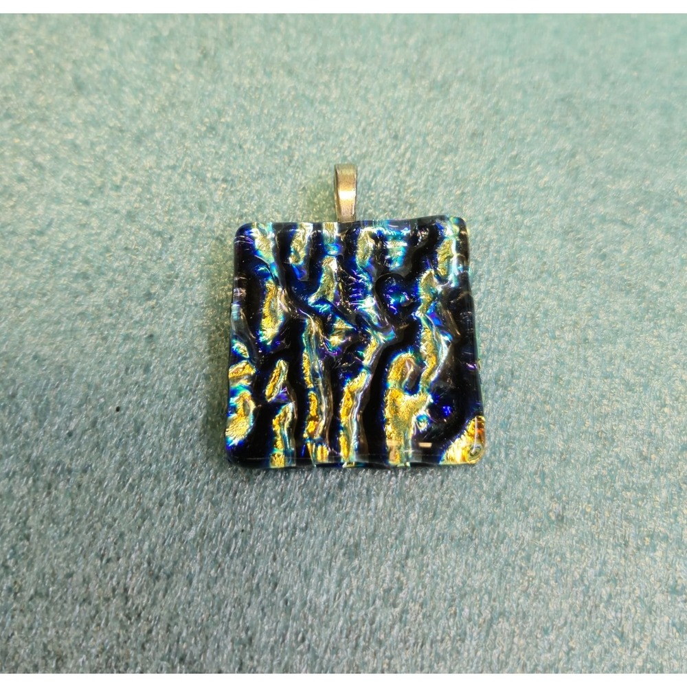 Dichroic Glass Pendant Iridescent Blue Gold Ripple Textured Square Handmade 1.5"
